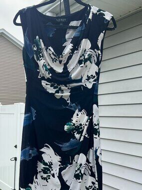Lauren Ralph Lauren Navy Floral Cowl Neck Bodycon Knee Length Dress Size 4